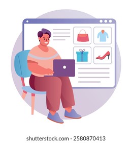 Flat illustration of a character doing website shopping 
