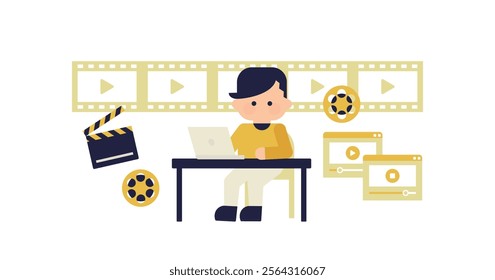 Flat illustration of a character editing a video ( Vector backgrounds Web graphics, eye catching, white background 1:1.191 )