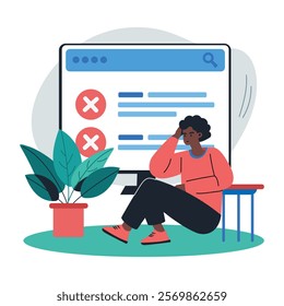 A flat illustration of a character facing website error 