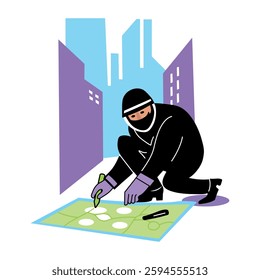 A flat illustration of a character finding clue from crime scene 
