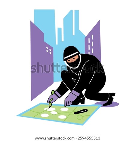 A flat illustration of a character finding clue from crime scene 
