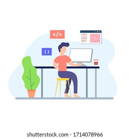Flat illustration of character Freelance man working on computer at him house.  People at home in quarantine.