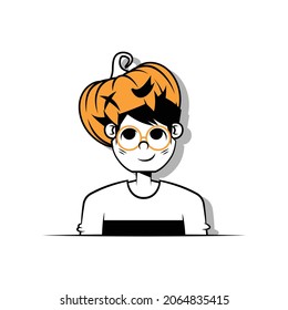 Its a flat illustration of a character getting ready because its Halloween, trying out new a pumpkin hat like its eating his head. 