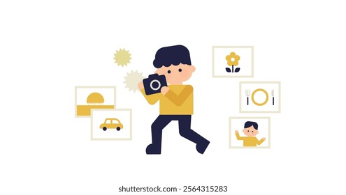 Flat illustration of a character holding a camera and a shooting scene  
( Vector Backgrounds Web graphics Eye Catching White Background 1:1.191 )