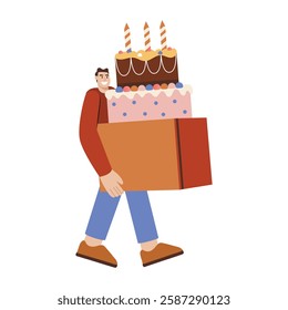 A flat illustration of character holding a delivery cake 
