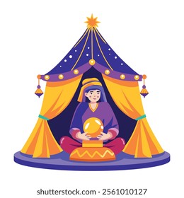 A flat illustration of a character holding a fortune ball 

