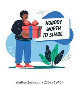 A flat illustration of a character holding a gift box with no body worth to share typography 