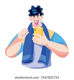 A flat illustration of character holding a mobile having selfie fun 
