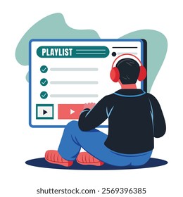 A flat illustration of a character listening music 