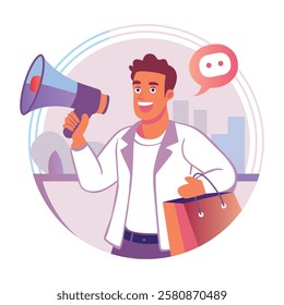 A flat illustration of a character making an announcement with a loudspeaker
