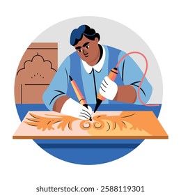 A flat illustration of a character making carving design 