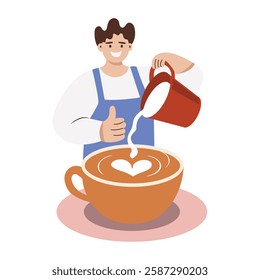 A flat illustration of a character making coffee 
