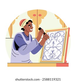 A flat illustration of a character making handcrafted art 