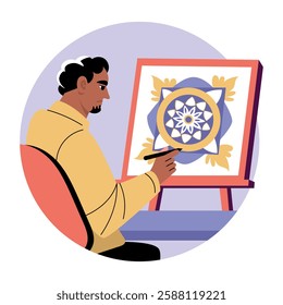 A flat illustration of a character making mandala art 