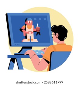 A flat illustration of a character making pixel art on system 