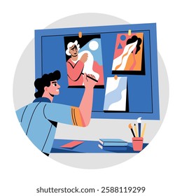A flat illustration of a character making poster design 