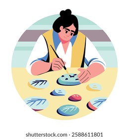 A flat illustration of a character making stone painting 