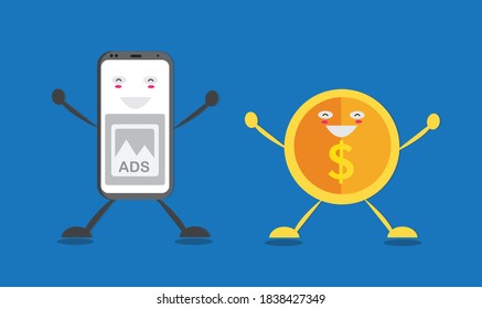 Flat illustration character mobile phone ads and coins with patterns styles e-commerce, online business, icons, withdrawal payments, backgrounds, vector concept.