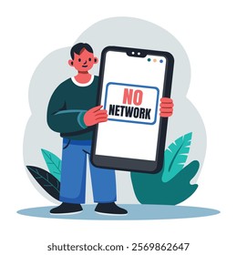 A flat illustration of a character with no network on mobile 