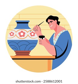 A flat illustration of a character painting ceramic with different colours 