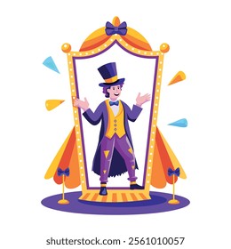 A flat illustration of a character performing circus magic trick 

