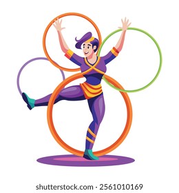 A flat illustration of a character performing with hula hoops  