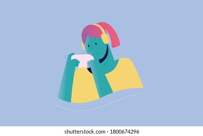 flat illustration character playing game on mobile device smartphone,gaming people,gaming female character