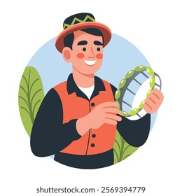 A flat illustration of a character playing samba tambourine 