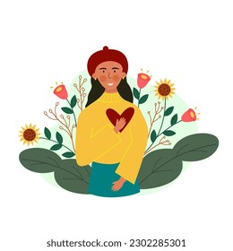 Flat illustration character of portrait french girl self love or love your self illustration.