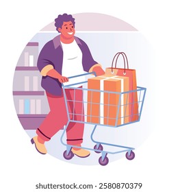 A flat illustration of a character rolling a cart having shopping fun 
