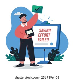 A flat illustration of a character with saving effort failed typography 