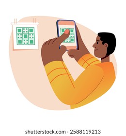 A flat illustration of a character scanning barcode from mobile 