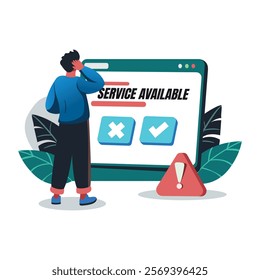 A flat illustration of a character with service available typography 