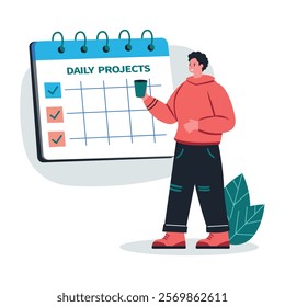 A flat illustration of a character setting his daily projects 