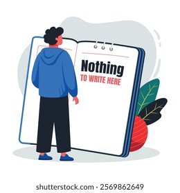 A flat illustration of character standing with empty notes 