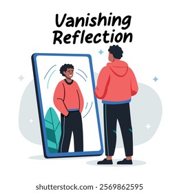 A flat illustration of a character standing in front of mirror feeling low esteem 