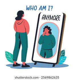 A flat illustration of a character standing in front of mirror having self doubt 