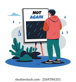 A flat illustration of a character standing in raining with not again typography 