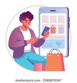 A flat illustration of a character using shopping app 
