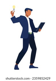 Ilustración plana, vector de caracteres, empresario parado y mirando la computadora de la tableta, bombilla sobre su mano 