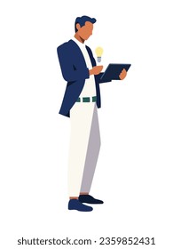 Flat Illustration, character vector, Businessman standing and looking at tablet computer, light bulb above his hand 
