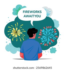 A flat illustration of a character watching fireworks 