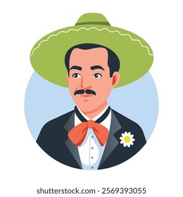 A flat illustration of character wearing sombrero hat