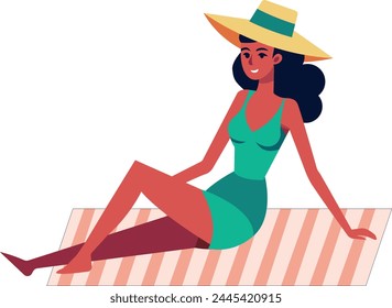 Flat illustration.The character wears a wide-brimmed hat and a green suit that fits perfectly. The striped surface has alternating light and dark stripes, suggesting it could be a towel or beach.