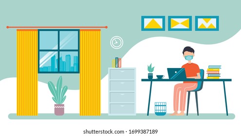 Flat illustration of character working on computer at home for prevention from corona virus  
