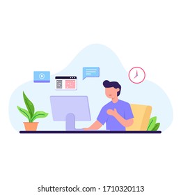 Flache Illustration von Charakteren, die zu Hause am Computer arbeiten