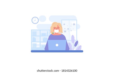 Flat illustration of character working on computer at home for prevention from corona virus