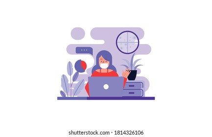 Flache Illustration von Charakteren, die zu Hause am Computer arbeiten, um Korona-Virus zu verhindern