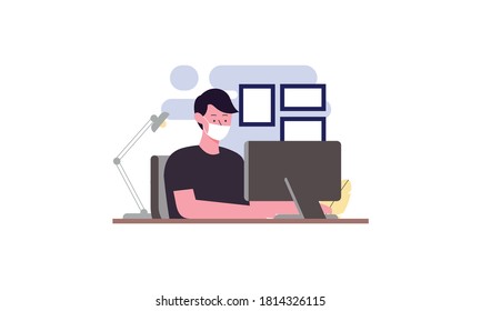 Flat illustration of character working on computer at home for prevention from corona virus