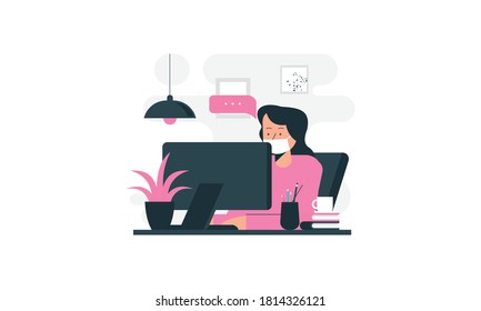 Flat illustration of character working on computer at home for prevention from corona virus